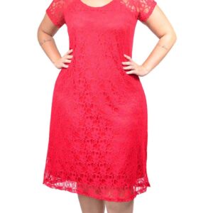 Vestido curto Plus Size Festa em Renda acetinada com mangas