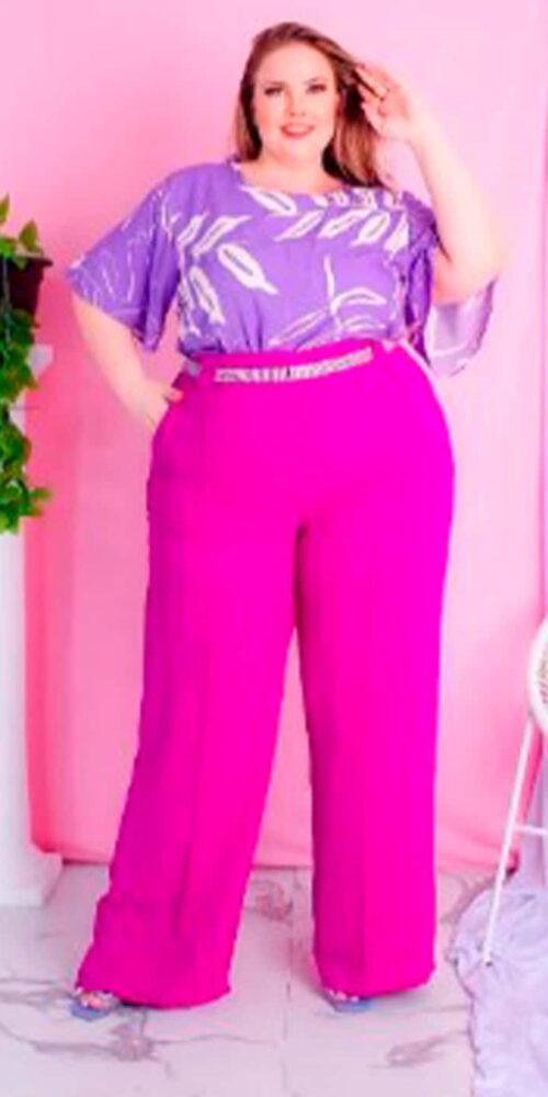 Calça Pantalona Plus Size em Crepe Duna - Rosa Pink, 48