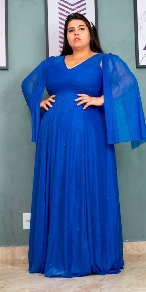 Vestido de Festa Tule Gliterado Mangas Echarpe Plus SIze