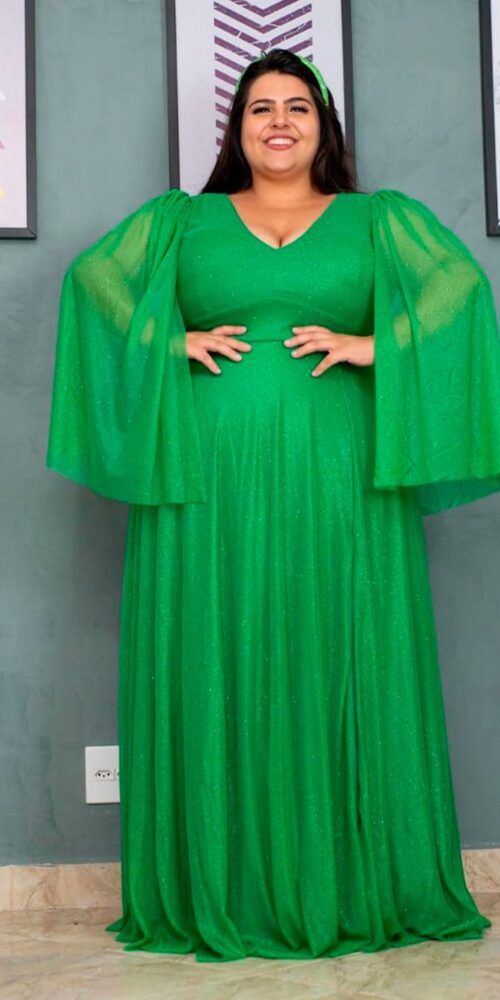 Vestido de Festa Tule Gliterado Mangas Echarpe Plus SIze