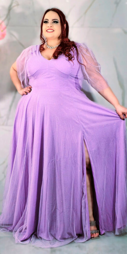 Vestido Plus Size Tule Gliterado Mangas Flair de Festa