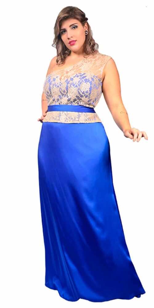 Vestido longo 1 ombro só em Renda e Chiffon - 50, Azul Royal