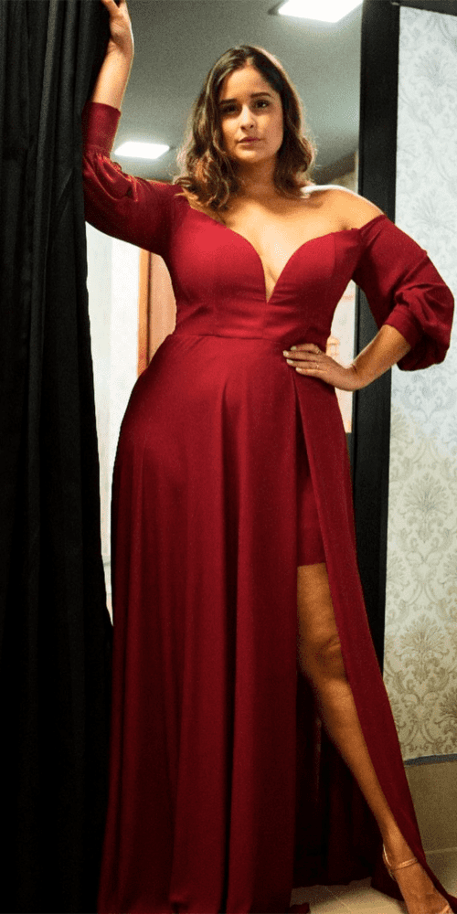 Vestido Longo de Festa Plus Size com Saia Curta - Marsala, 46