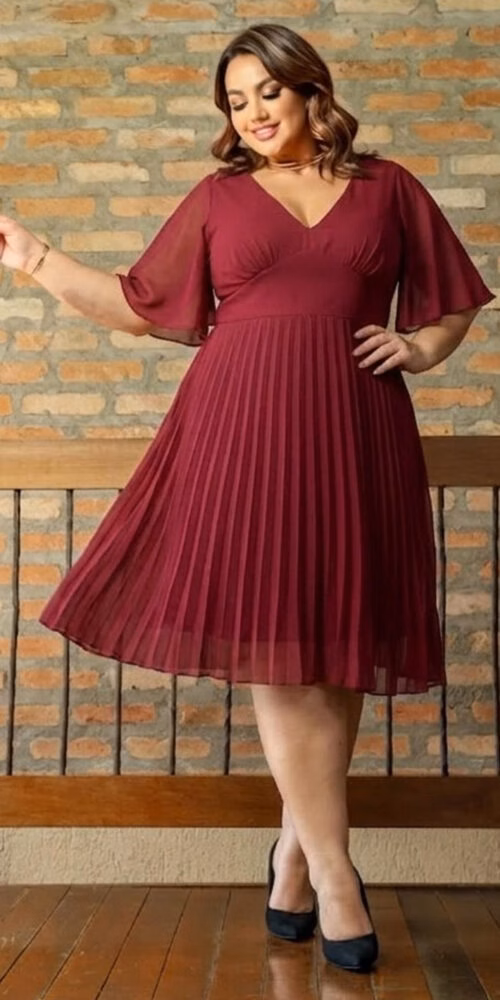 Vestido de Festa Plus Size Saia Plissada Midi