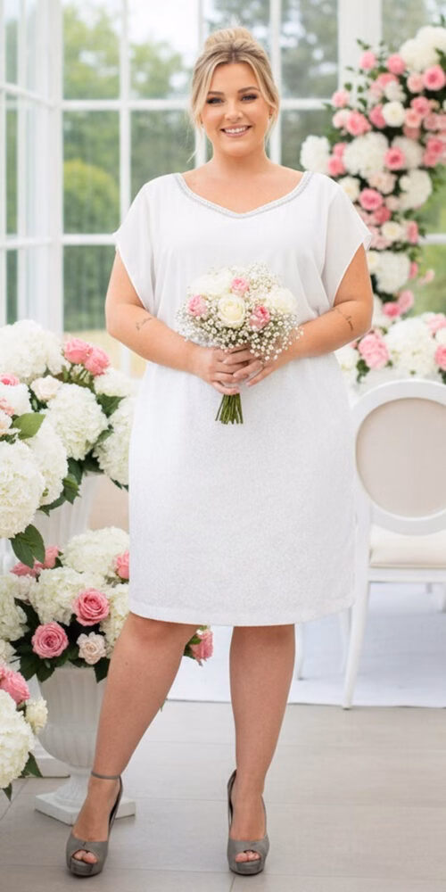 Vestido Blusê Plus Size em Renda e Chiffon com bordados