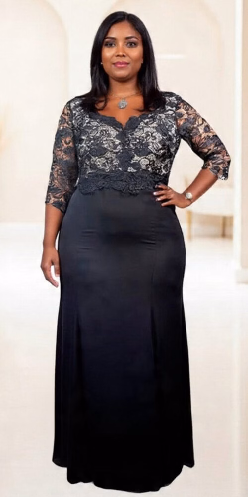 Vestido Festa Plus Size com Renda Guippir e Crepe Chiffon