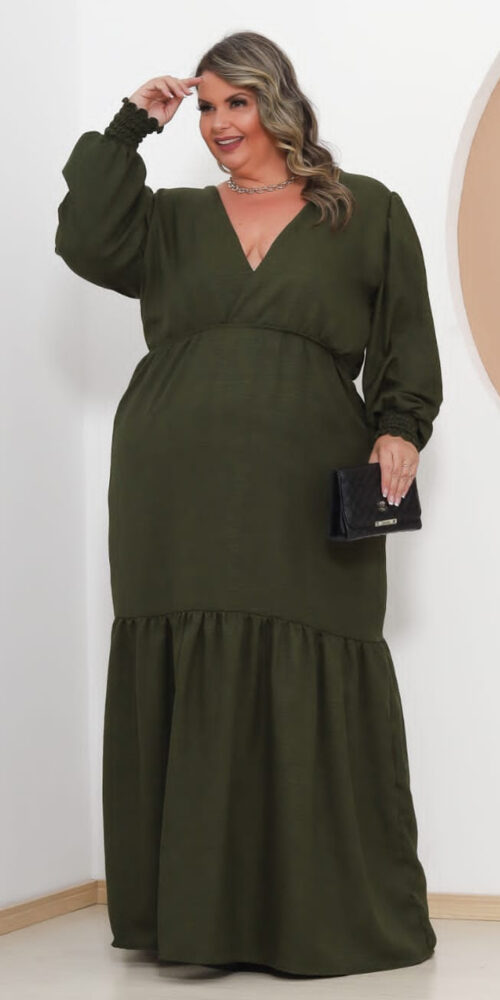 Vestido Longo Crepinho Mangas Bufantes Plus Size