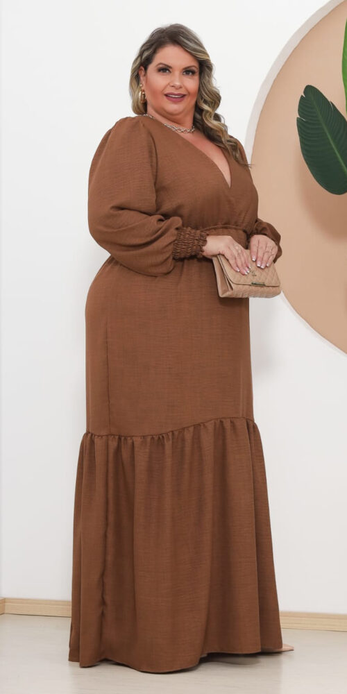 Vestido Longo Crepinho Mangas Bufantes Plus Size
