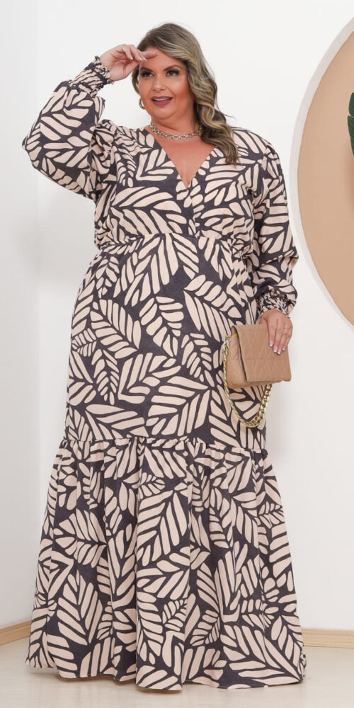 Vestido Longo Crepinho Mangas Bufantes Plus Size