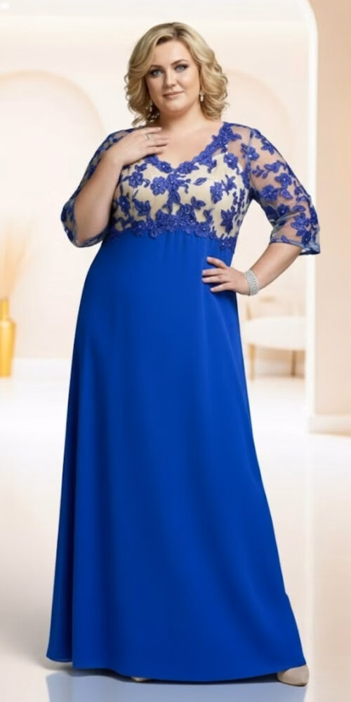 Vestido Plus Size com Blusa de Tule Bordado para Casamentos