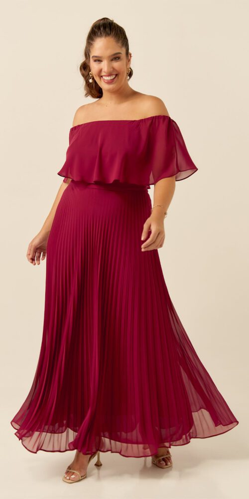 Vestido de Festa Plus Size Ombro a Ombro Plissado Longo