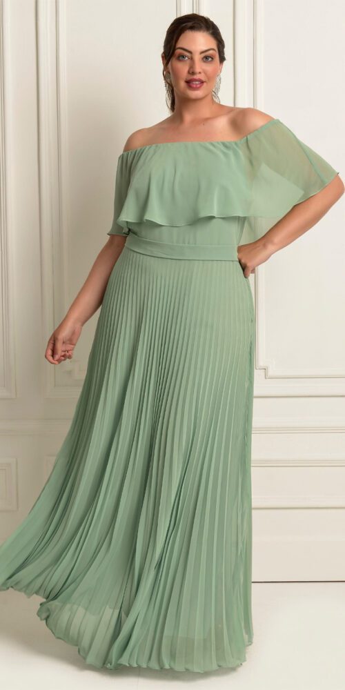 Vestido de Festa Plus Size Ombro a Ombro Plissado Longo