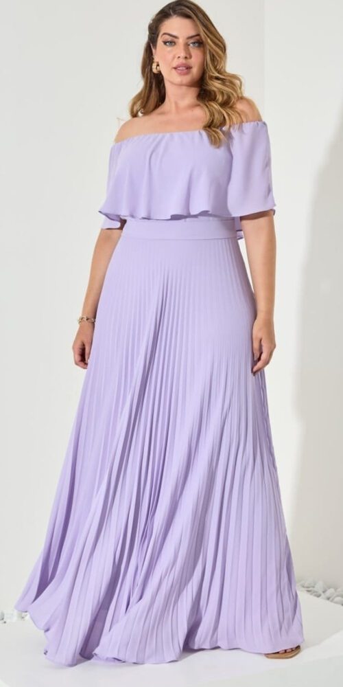 Vestido de Festa Plus Size Ombro a Ombro Plissado Longo