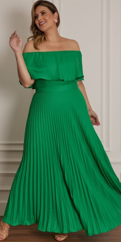 Vestido de Festa Plus Size Ombro a Ombro Plissado Longo