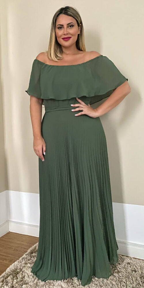 Vestido de Festa Plus Size Ombro a Ombro Plissado Longo