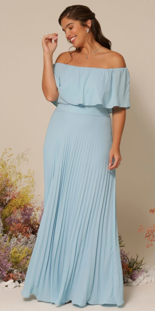 Vestido de Festa Plus Size Ombro a Ombro Plissado Longo