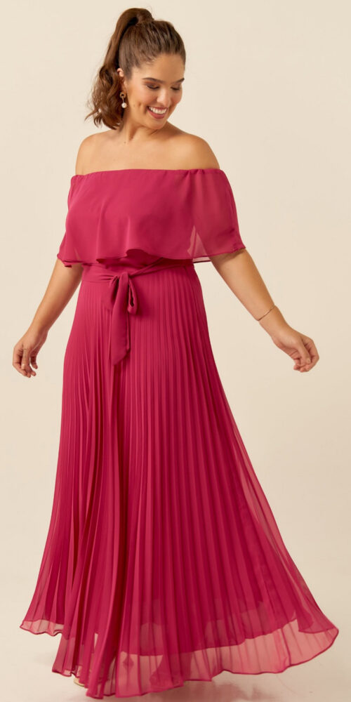 Vestido de Festa Plus Size Ombro a Ombro Plissado Longo