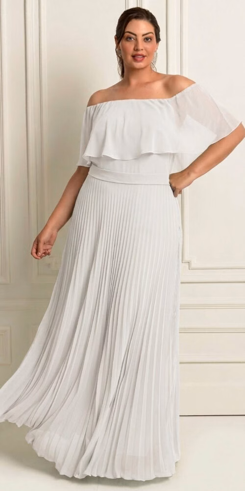 Vestido de Festa Plus Size Ombro a Ombro Plissado Longo