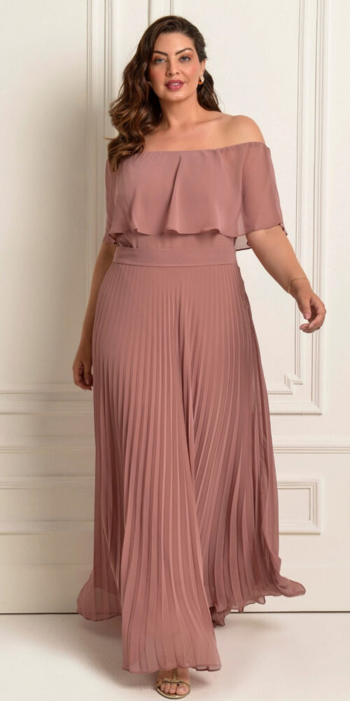 Vestido de Festa Plus Size Ombro a Ombro Plissado Longo
