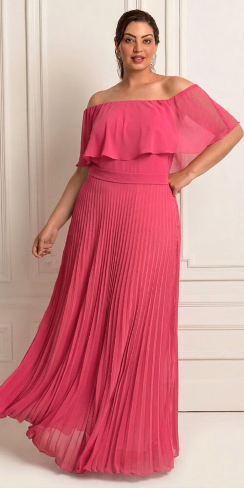 Vestido de Festa Plus Size Ombro a Ombro Plissado Longo