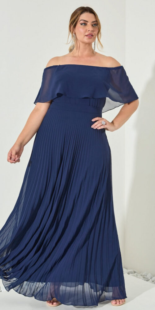 Vestido de Festa Plus Size Ombro a Ombro Plissado Longo