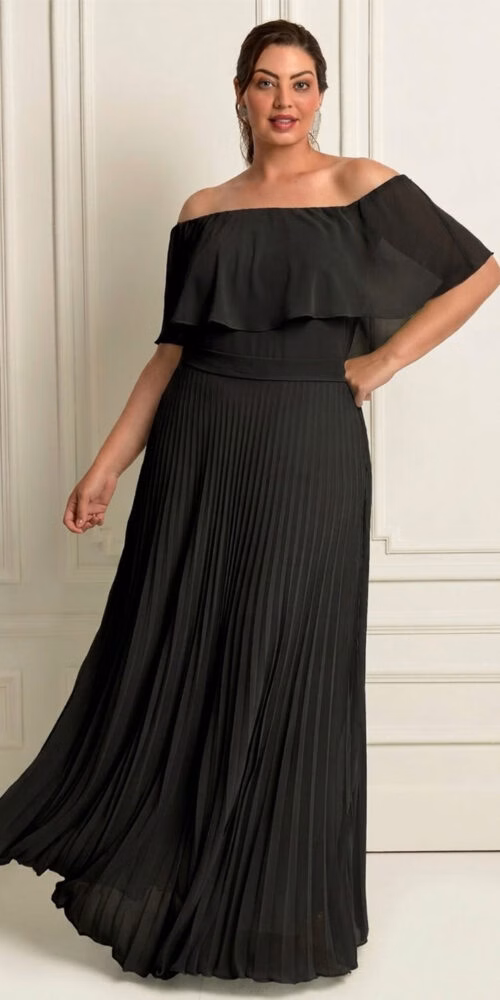 Vestido de Festa Plus Size Ombro a Ombro Plissado Longo