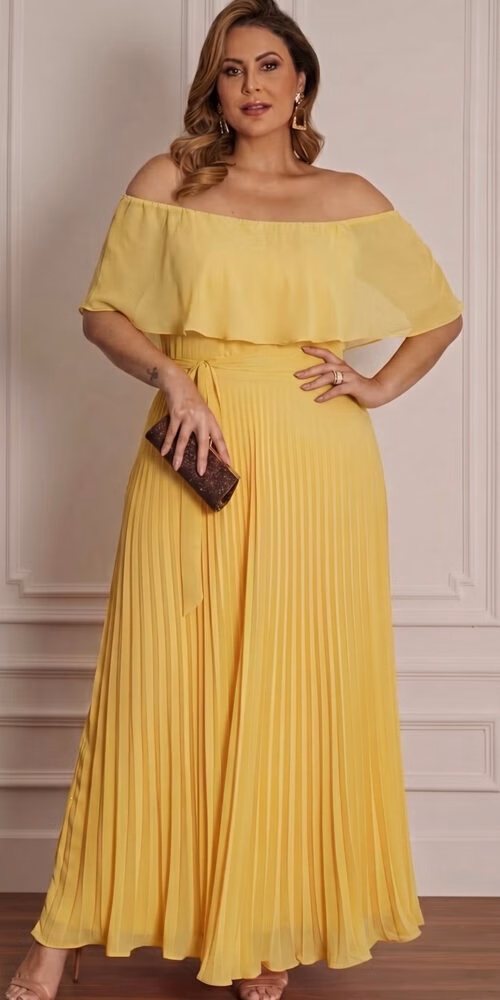 Vestido de Festa Plus Size Ombro a Ombro Plissado Longo