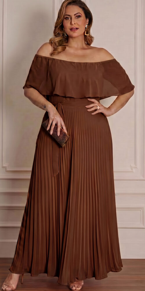 Vestido de Festa Plus Size Ombro a Ombro Plissado Longo