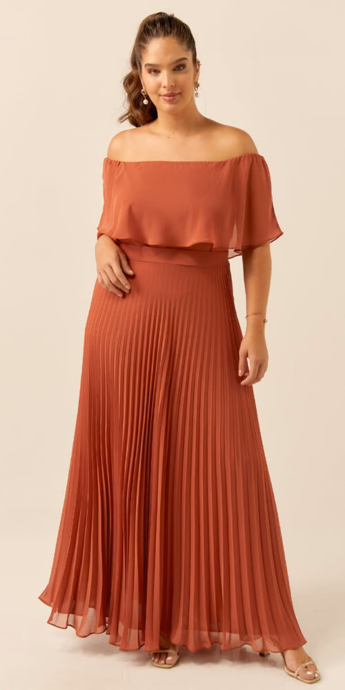 Vestido de Festa Plus Size Ombro a Ombro Plissado Longo