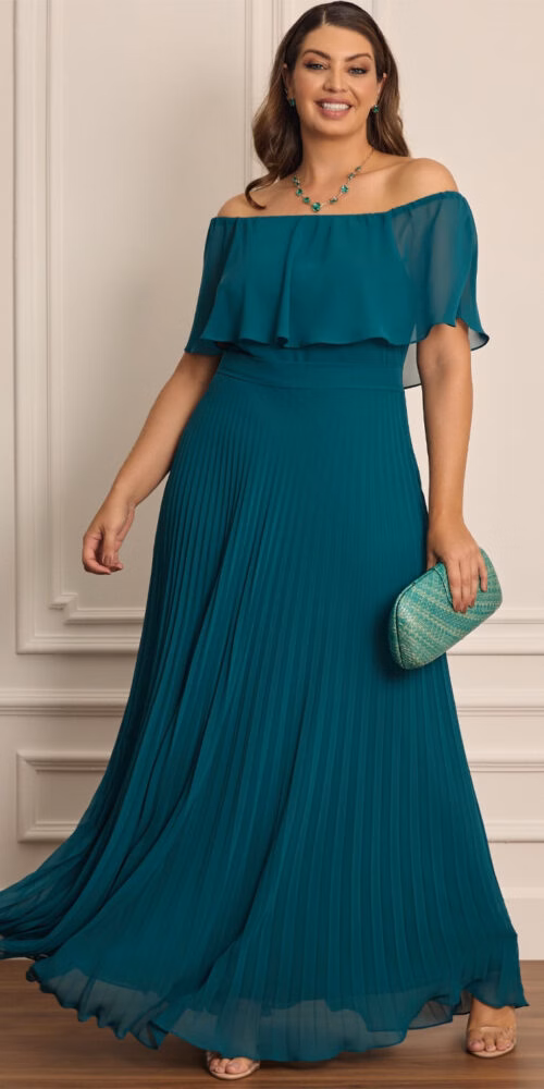 Vestido de Festa Plus Size Ombro a Ombro Plissado Longo