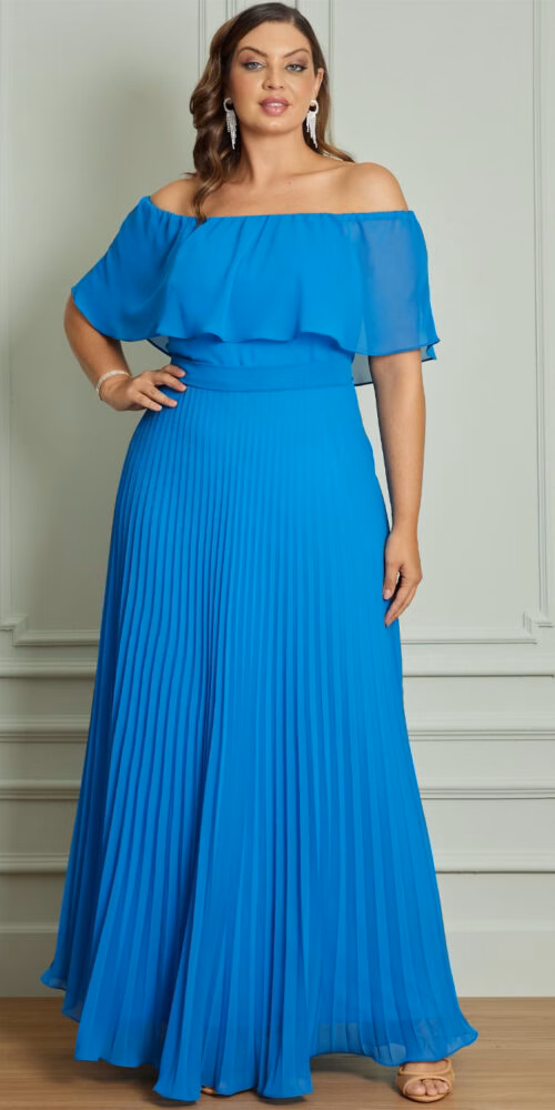 Vestido de Festa Plus Size Ombro a Ombro Plissado Longo