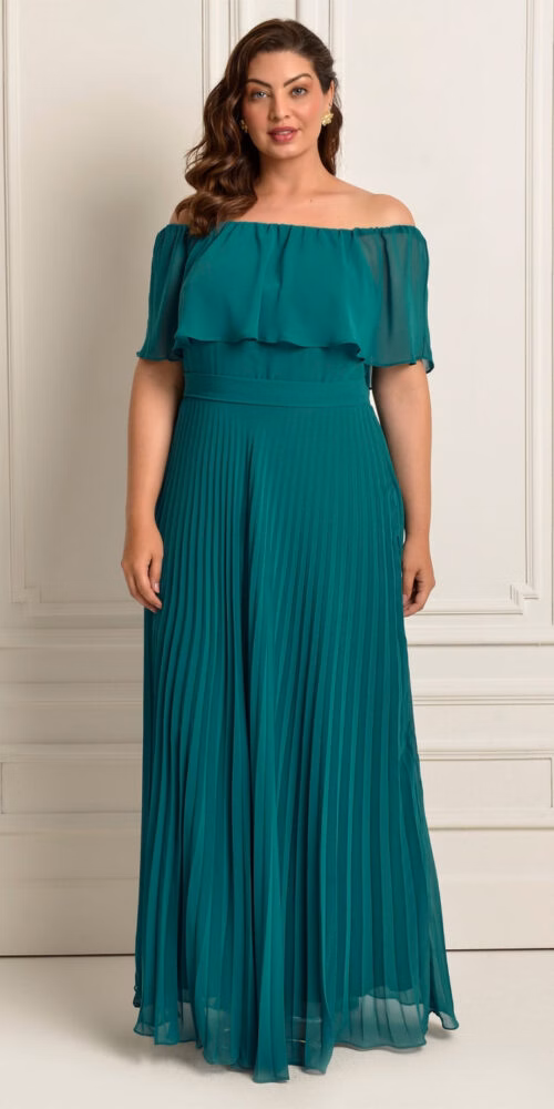 Vestido de Festa Plus Size Ombro a Ombro Plissado Longo