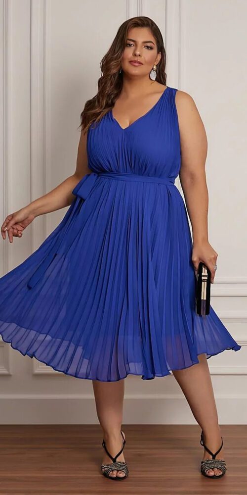 Vestido Plus Size Trapézio Plissado Midi