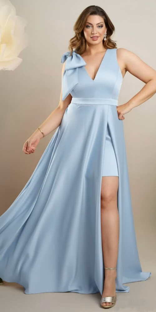 Vestido de Festa com Laço em Crepe Acetinado Plus Size