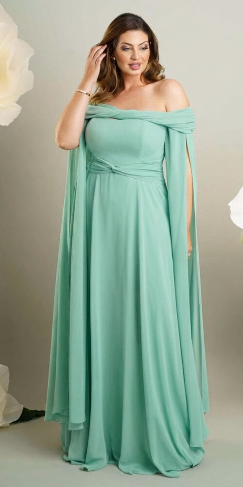 Vestido Plus Size Ombro a Ombro Mangas Removíeis Festa
