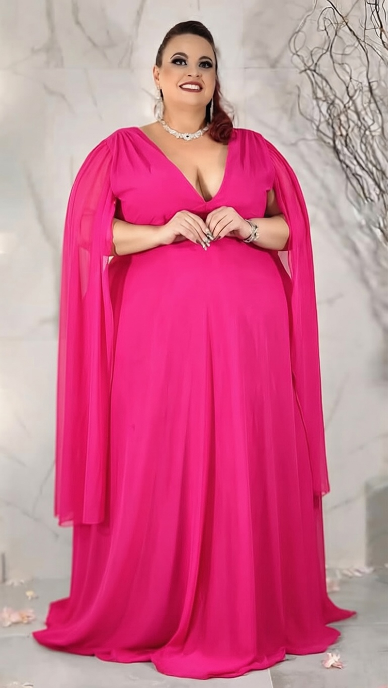 Vestido Plus Size Mangas Capa de Festa