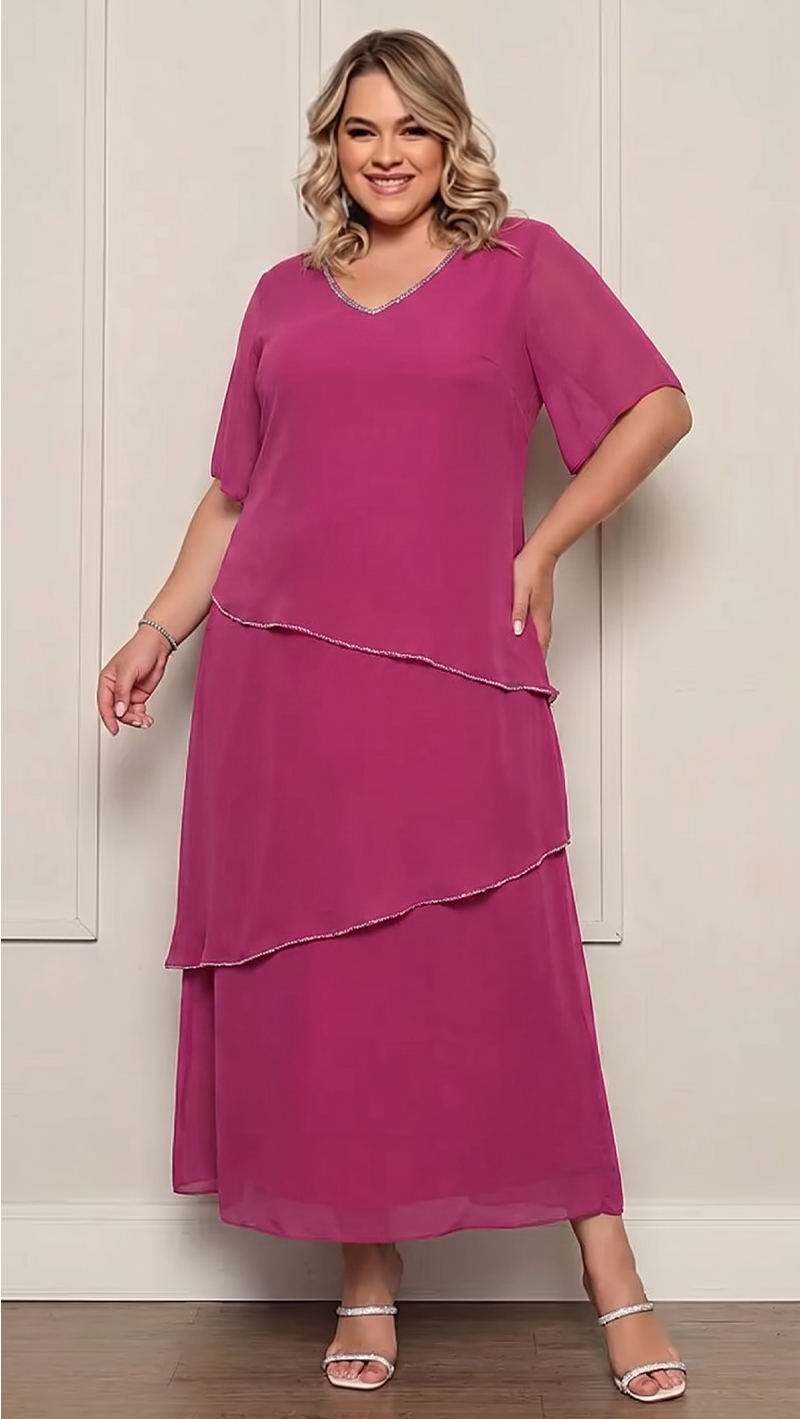 Vestido Festa Midi em Camadas Bordado Plus Size