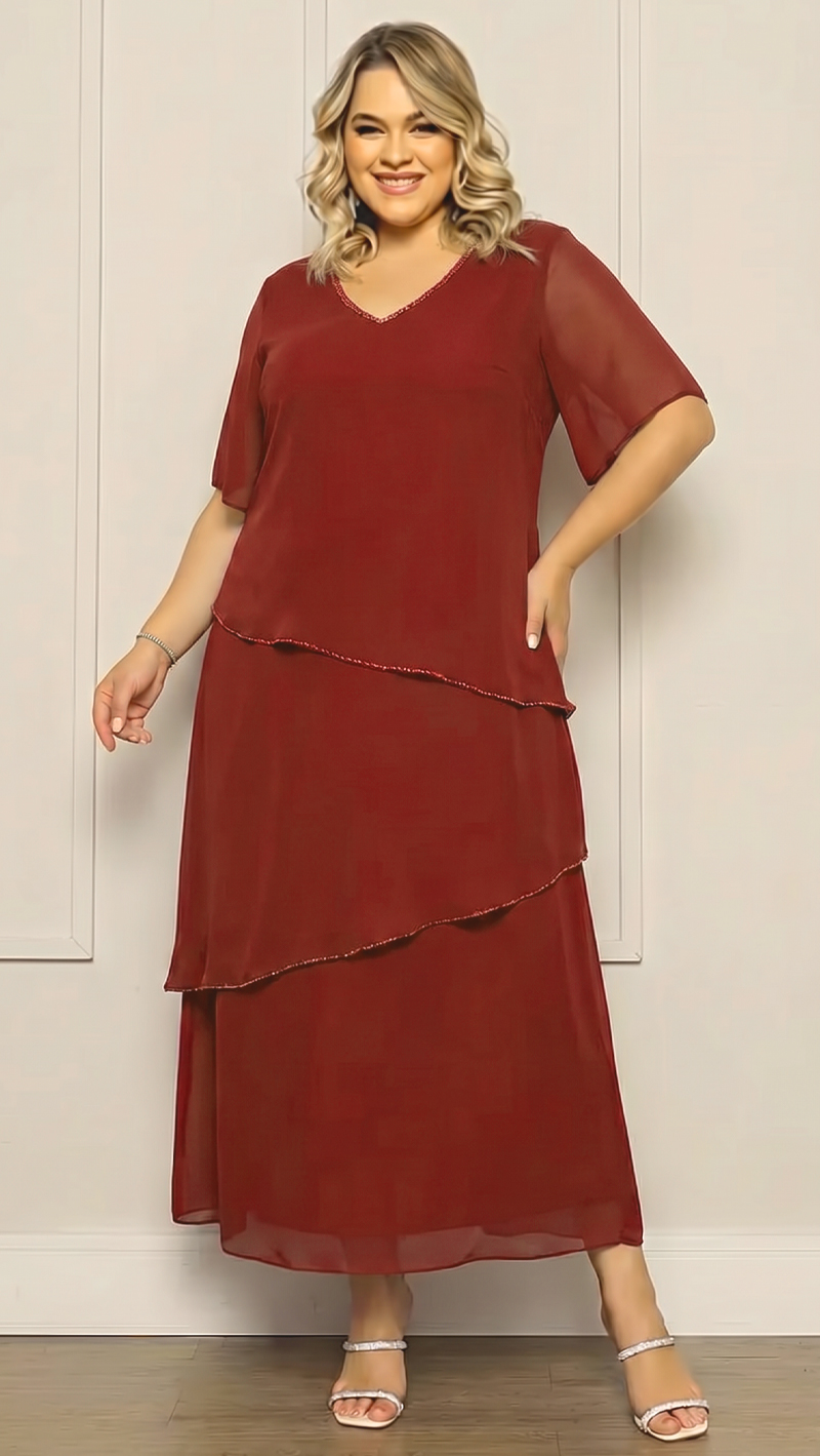 Vestido Festa Midi em Camadas Bordado Plus Size
