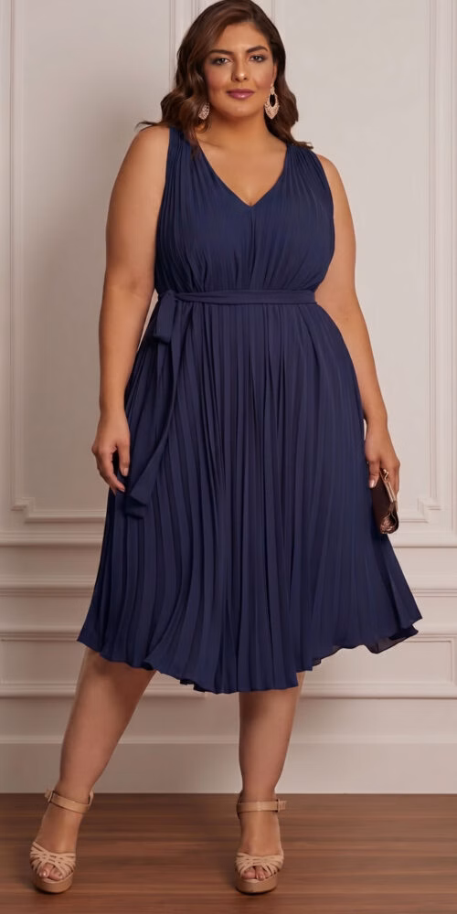 Vestido Midi Plus Size Trapézio Plissado