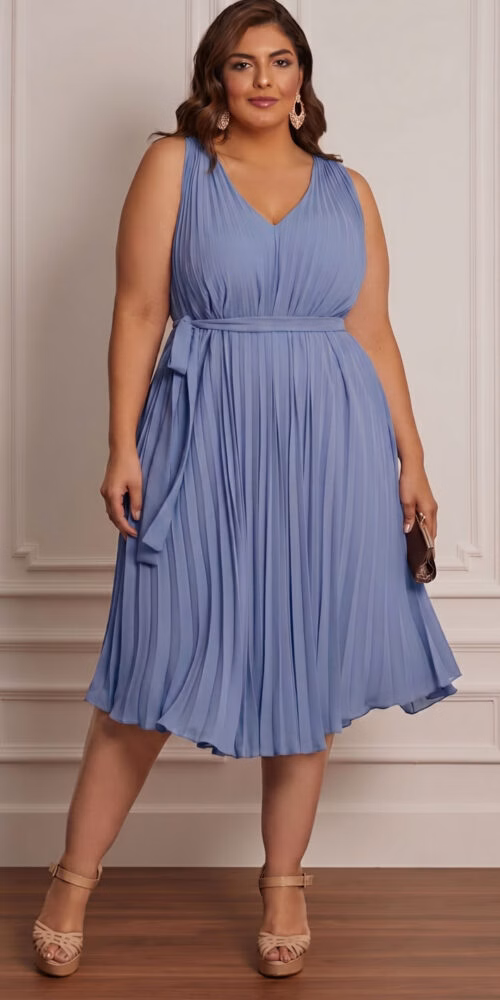 Vestido Midi Plus Size Trapézio Plissado