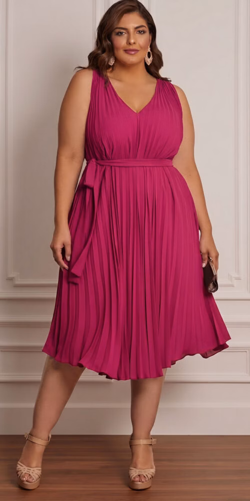 Vestido Midi Plus Size Trapézio Plissado