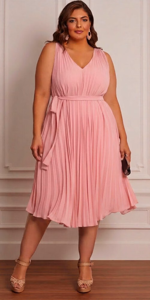 Vestido Midi Plus Size Trapézio Plissado