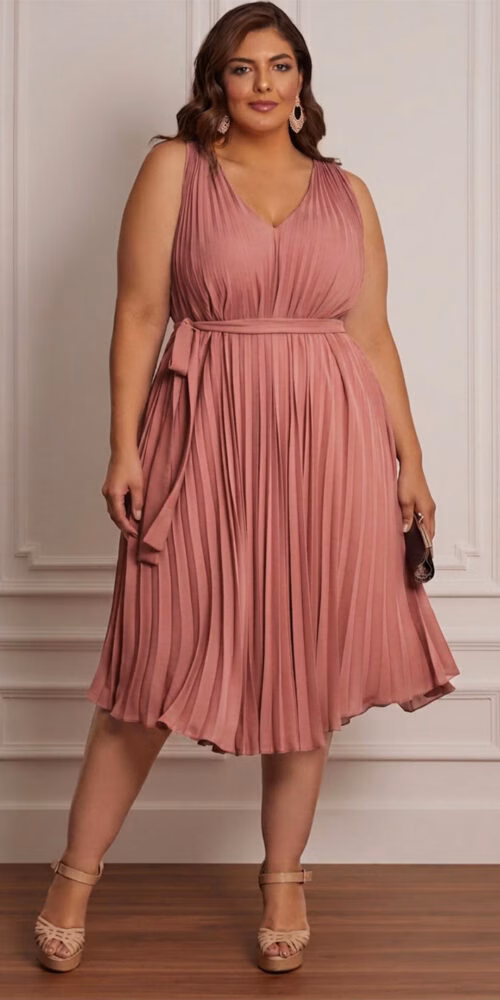 Vestido Midi Plus Size Trapézio Plissado