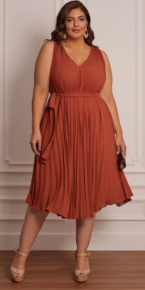 Vestido Midi Plus Size Trapézio Plissado
