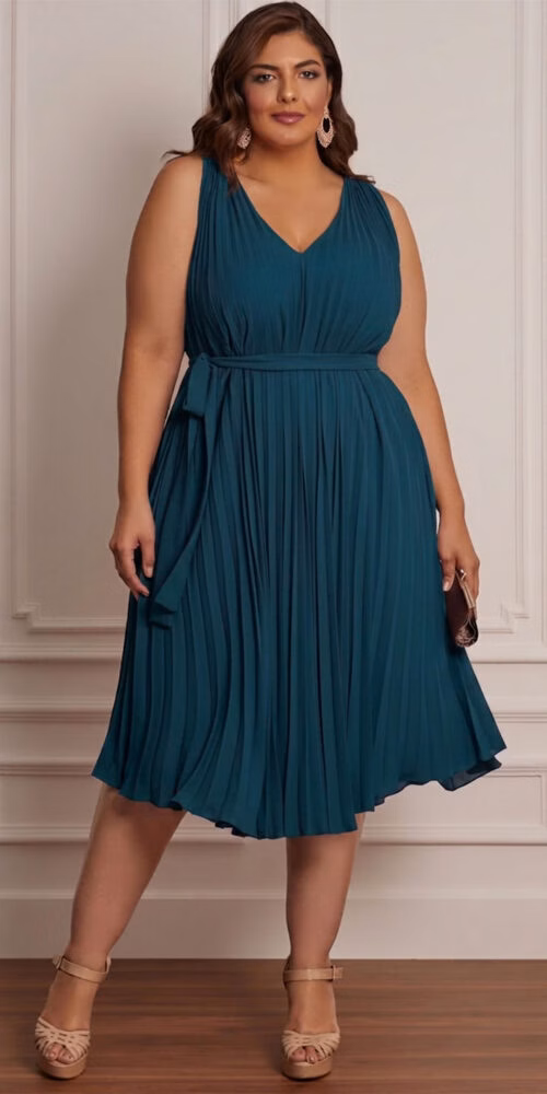 Vestido Midi Plus Size Trapézio Plissado