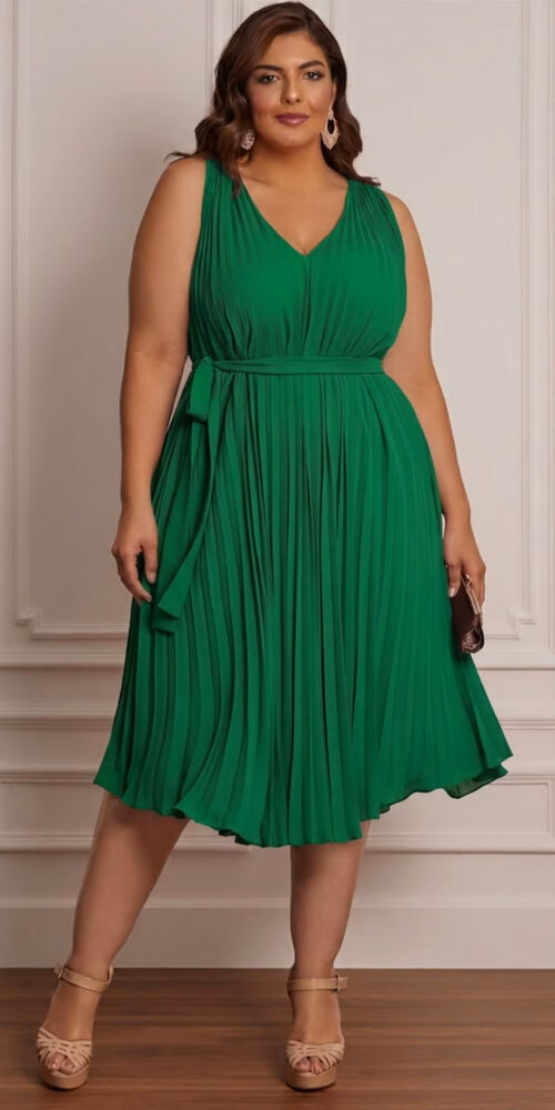 Vestido Midi Plus Size Trapézio Plissado