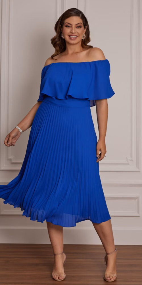 Vestido Midi Festa Plus Size Ombro a Ombro Plissado