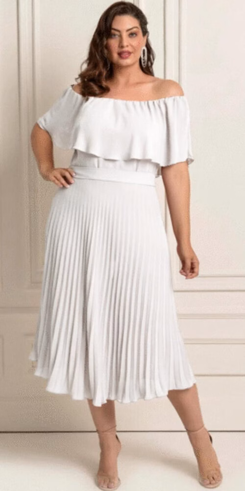 Vestido Midi Festa Plus Size Ombro a Ombro Plissado