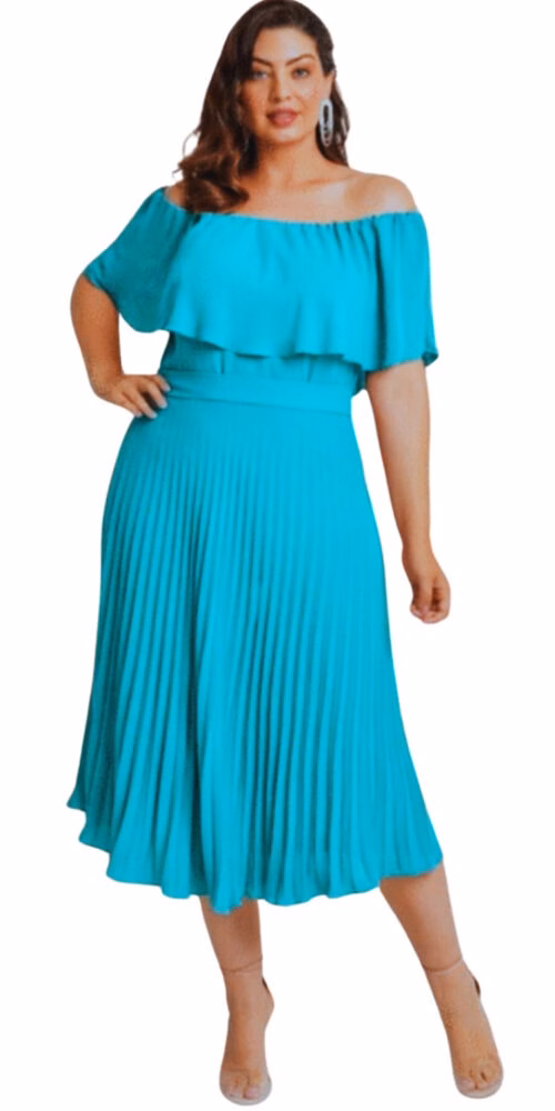 Vestido Festa Plus Size Midi Ombro a Ombro Plissado