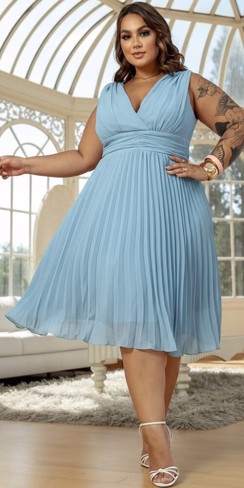 Vestido Festa Plus Size Plissado Curto
